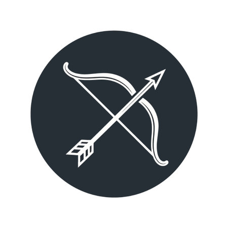 A simple white vector illustration of a bow and arrow crossed in a circle, representing archery,...
