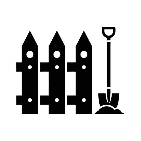 This is a vector illustration of a wooden picket fence with a shovel. The fence is made of wood and has a pointed top. The shovel is used for digging and gardening.のイラスト素材