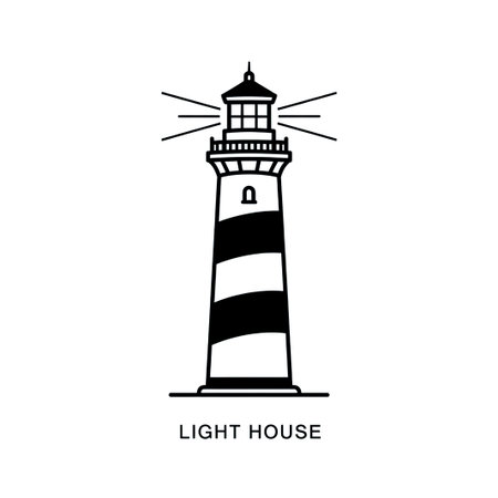 A black and white illustration of a lighthouse, featuring bold stripes and radiating light beams, standing tall as a symbol of coastal navigation and safety.のイラスト素材