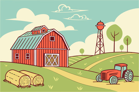 A charming, stylized illustration of a rural farm landscape with a red barn, , and hay bales.のイラスト素材