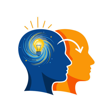 A vibrant illustration depicting knowledge transfer. A lightbulb within a blue head symbolizes ideas moving to an orange head, representing shared understanding.のイラスト素材