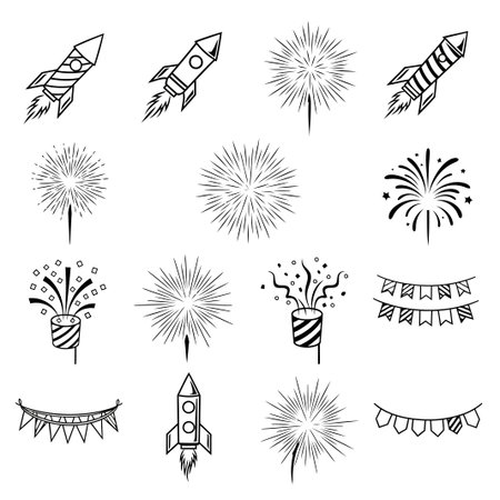 This collection of celebration doodles features fireworks, rockets, and bunting, perfect for representing festive occasions, parties, and joyful events in a fun way.のイラスト素材