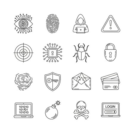 A set of linear icons depicting cybersecurity elements, including a fingerprint, hacker, lock, and bomb, symbolizing digital threats and protective measures online.のイラスト素材