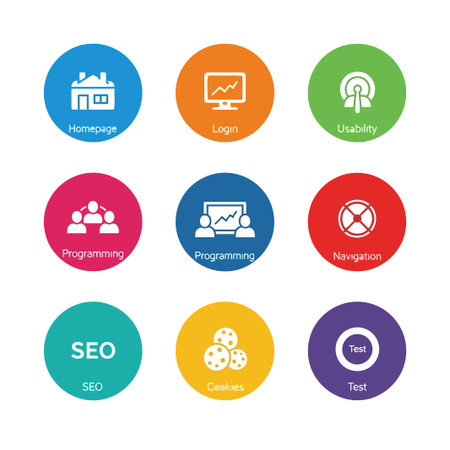 A vibrant collection of web development icons, each representing a key aspect of website creation and maintenance, designed to enhance user experience and navigation.のイラスト素材