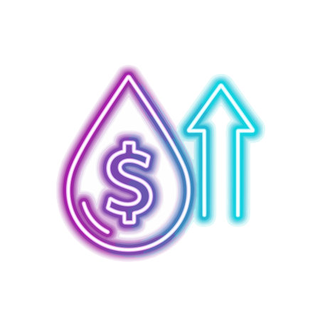 This neon illustration isolated on white background represents rising costs with a dollar sign inside a drop and an upward arrow, symbolizing financial increase.のイラスト素材