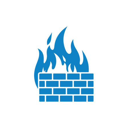 A blue firewall with flames represents network security, protecting systems from cyber threats and...