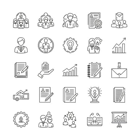 A collection of business and management icons represents teamwork, leadership, strategic planning, and various aspects of corporate operations and growth.のイラスト素材