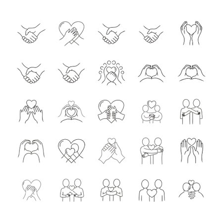 This linear love and support icon set features hand gestures symbolizing affection, care, and unity. Ideal for designs promoting relationships and community.のイラスト素材