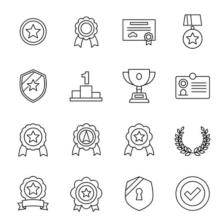 A collection of achievement icons, isolated on a white background, represents success, recognition, and accomplishment in various fields and endeavors.のイラスト素材