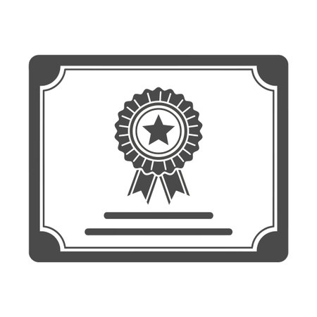 A certificate icon with a seal, star, and ribbon, isolated on a white background, representing...