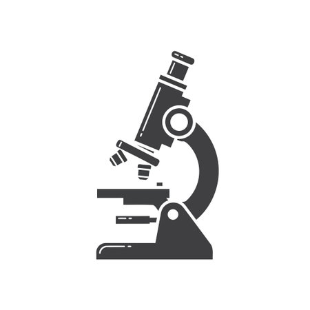 A gray microscope icon isolated on white background symbolizes science, research, and laboratory...