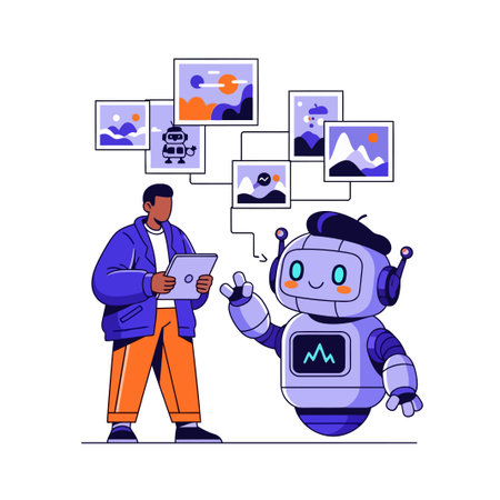 A vibrant illustration depicts a human artist and a robot collaborating on digital art, symbolizing...