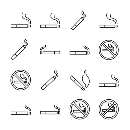 This diverse collection showcases smoking and no-smoking icons, perfect for conveying messages about health, policies, and awareness with clarity and visual appeal.のイラスト素材
