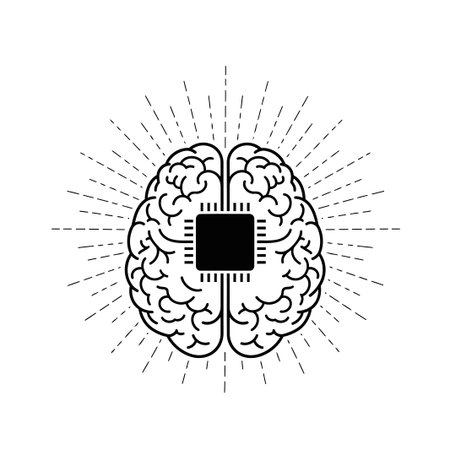 This image shows an AI brain with a microchip, representing the fusion of technology and human...