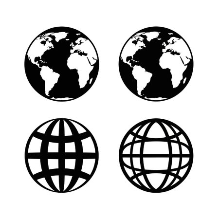 Four globe illustrations showcasing different perspectives and designs, representing global connectivity, worldwide communication, and the interconnectedness of our planet.のイラスト素材