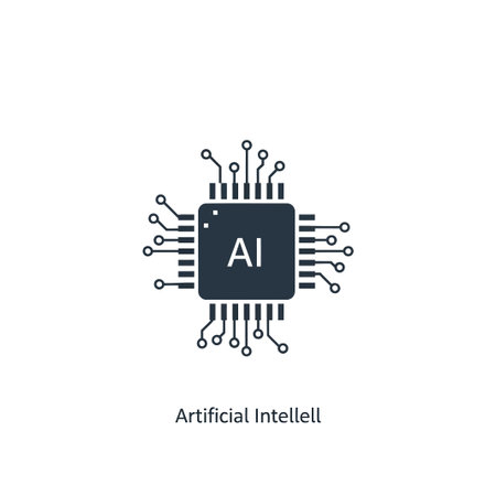 This graphic shows an AI microchip, symbolizing modern tech and computer science. Its simple design...