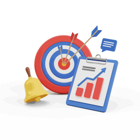 This 3D illustration showcases business target achievement with an arrow hitting the bullseye, a...