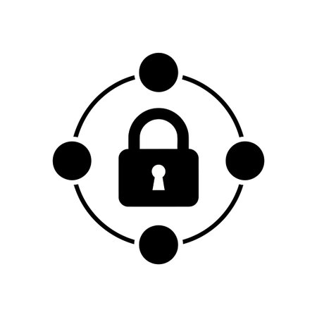This image features a security lock icon, symbolizing data protection and network security. The design is modern and minimalist, set against a clean white background.のイラスト素材