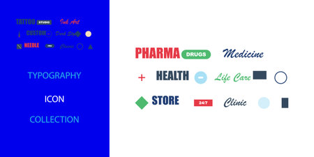 A vibrant collection of modern typographic logos and simple, flat design icons related to health,...