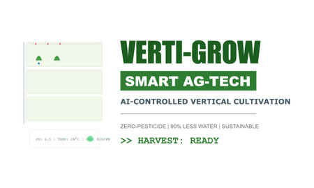 Digital illustration showcasing AI-controlled vertical farming technology, smart ag-tech, and...