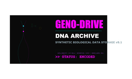Abstract digital display for Geno-Drive DNA Archive, showing synthetic biological data storage...