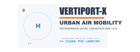 Modern graphic design of a Vertiport-X system for urban air mobility, eVTOL logistics hub interface...