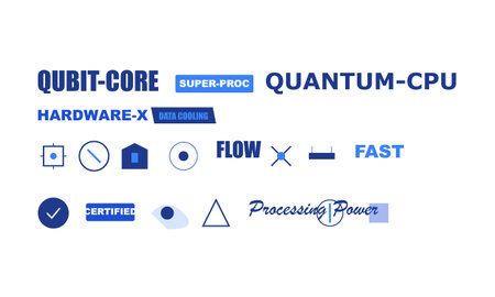 Abstract technology illustration with quantum computing terms, processing power, data cooling, and...