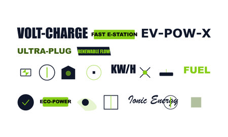 Collection of bold text and minimalist icons related to electric vehicle charging, sustainable...