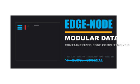 Modern digital interface displaying edge node, modular data computing, and containerized...
