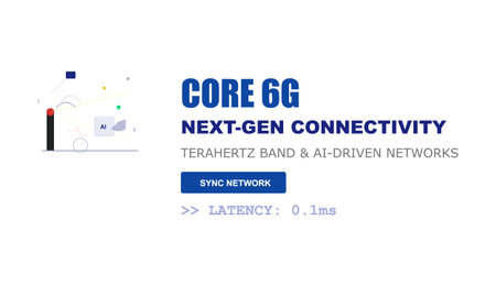 Conceptual illustration showcasing 6G next-gen connectivity with terahertz band, AI-driven networks,...
