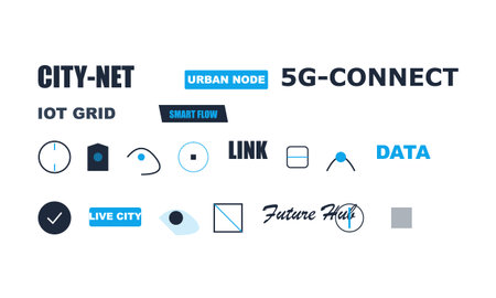 Collection of smart city, IoT, 5G, and data-related text and minimal line icons in dark blue and...