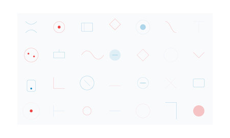 Minimalist abstract geometric shapes, lines, and dots in blue and red on a clean white background.