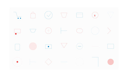 A grid of modern minimalist geometric shapes and UI/UX icons in blue, red, and pink on a white...