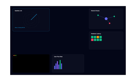 Dark futuristic UI dashboard showing real-time data visualization: satellite link, network nodes,...