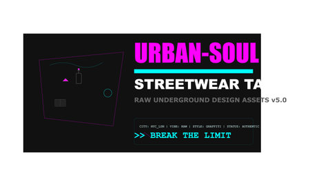 Vibrant neon typography 'Urban-Soul Streetwear' with geometric shapes on dark background, modern...