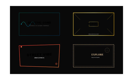 Set of four modern graphic design frames featuring creative typography and abstract elements on a...