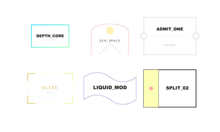 Six minimalist abstract geometric shapes with text in a clean, modern digital interface design.
