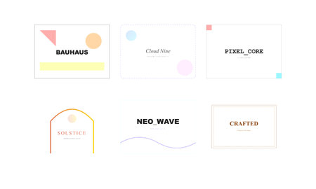 Six modern, minimalist  design concepts with geometric shapes, text, and abstract elements....