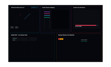 Dark mode futuristic UI dashboard with various data visualization panels for technology and science.