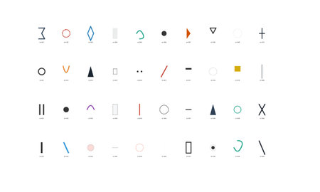 Minimalist flat design grid featuring diverse abstract geometric shapes and lines in various colors...
