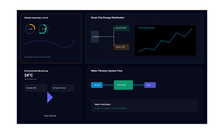 Dark mode digital dashboard UI with graphs and metrics for IoT, smart city, industrial,...