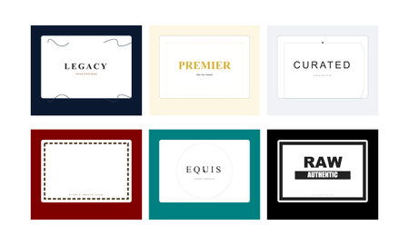 This image presents a grid of six unique  design concepts, each featuring different minimalist typography and frame styles set against various solid color backgrounds including navy, cream, light grey, maroon, teal, and black. The designs utilize clean lines, geometric shapes, and elegant fonts to establish a sophisticated and professional branding aesthetic suitable for luxury or lifestyle businesses.のイラスト素材