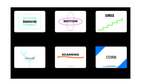 This image displays a grid of six distinct graphic slides on a black background, each illustrating a...
