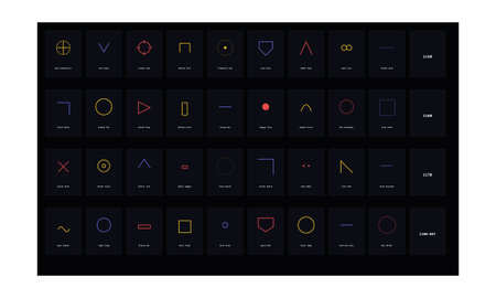 A dark-themed grid display featuring a wide variety of minimalist geometric icons, mathematical...
