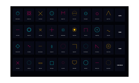 This image features a collection of minimalist geometric icons arranged in a grid format against a...