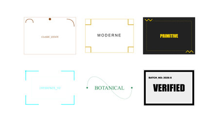 A set of six unique graphic design elements arranged in a grid, featuring various frame styles and...