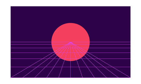 A vibrant minimalist eighties inspired digital illustration featuring a glowing pink sun setting...
