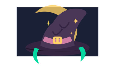 A flat vector illustration of a magical purple witch hat with a pink belt and a gold buckle, adorned...