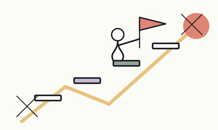 A simple flat vector illustration featuring a stick figure standing on a platform along an...