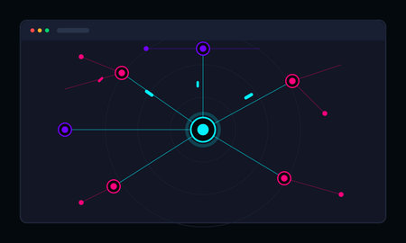A dark-themed digital interface graphic featuring a central, glowing cyan node surrounded by...